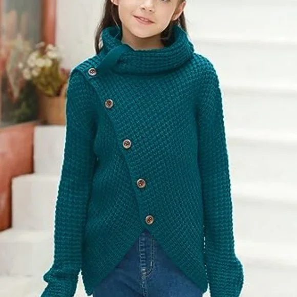Girls Sweaters Button Turtle Cowl Neck Asymmetric Hem Wrap Pullover